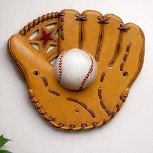 Decorative Baseball Glove Wall Plaque with Ball - Tan and Red Vintage